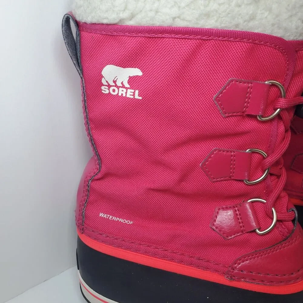 Sorel Girls Sz 5 Yoot Pac Snow Boots Pink Black Waterproof Winter Faux Fur EUC